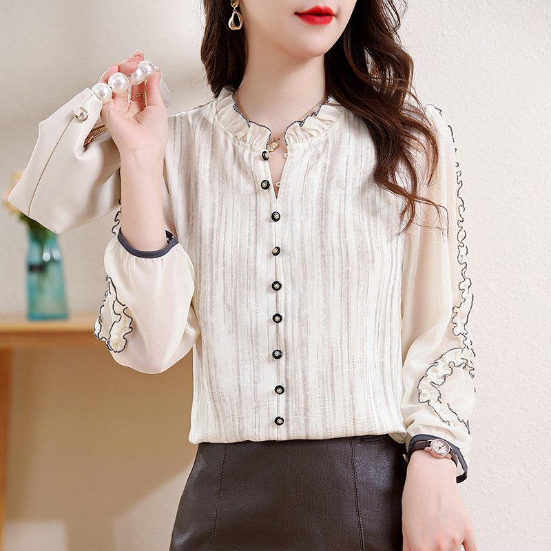 Elegant Acetate Jacquard Top with Ruffle Collar