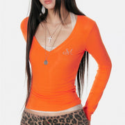 Rhinestone V-Neck Slim Knit Long Sleeve Top