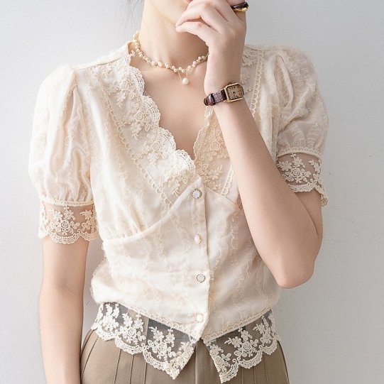 Elegant Women's Summer Chiffon & Lace Short Sleeve Top