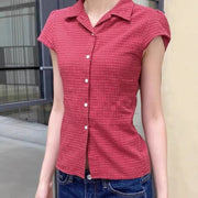 Women's Red Pattern Short Sleeve Slim Fit Blouse