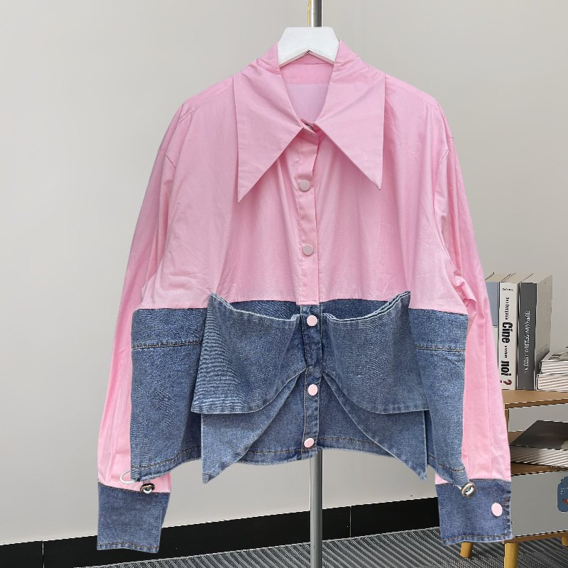 Chic Bow Stitching Denim Blouse Casual Shirt
