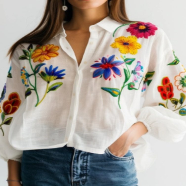 Women's Floral Long-Sleeve Button-Up Blouse