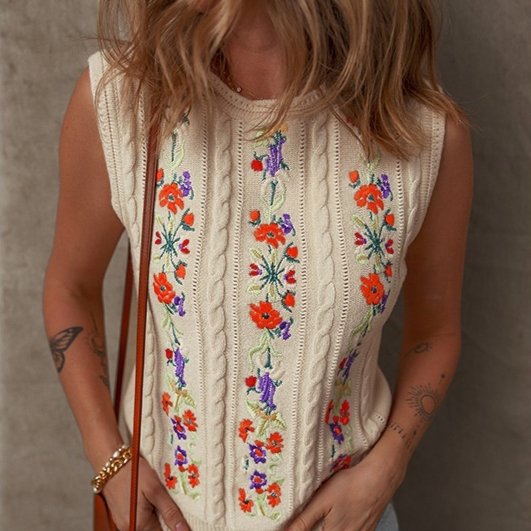 Retro Floral Embroidered Knit Vest Sleeveless Top