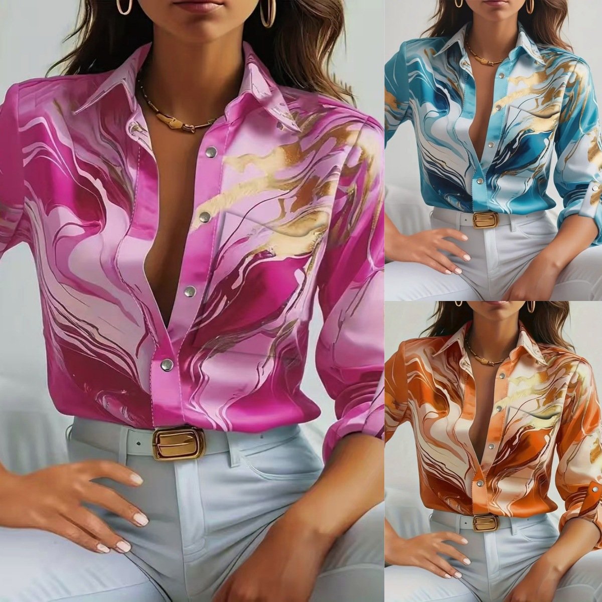 Women's Casual Long Sleeve Printed Button-Down Shirt