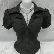 V-Neck Pleated Slim-Fit Short-Sleeve Blouse