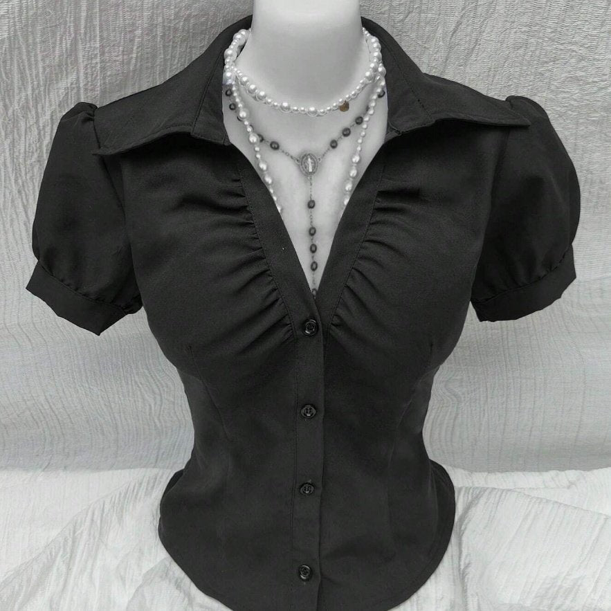 V-Neck Pleated Slim-Fit Short-Sleeve Blouse