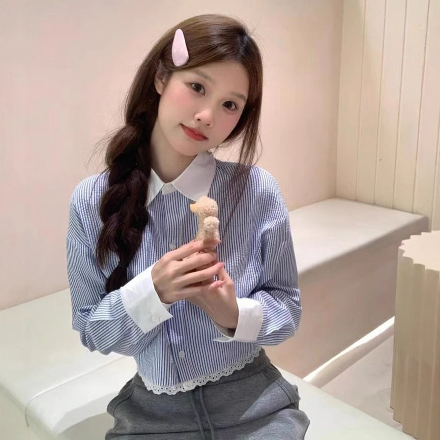 Women's Blue Striped Loose Long-Sleeve Shirt