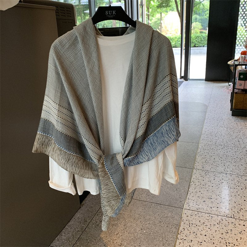 Thin Silk Scarf for Summer - Large Plaid Shawl