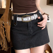 Wide Casual Short Skirt Belt with Embossed Brass Buckle