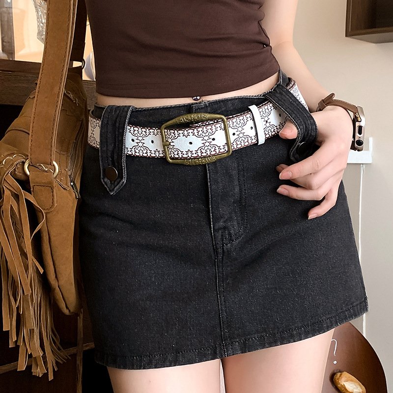 Wide Casual Short Skirt Belt with Embossed Brass Buckle
