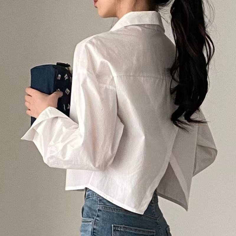 Chic White French Split-Back Long Sleeve Shirt