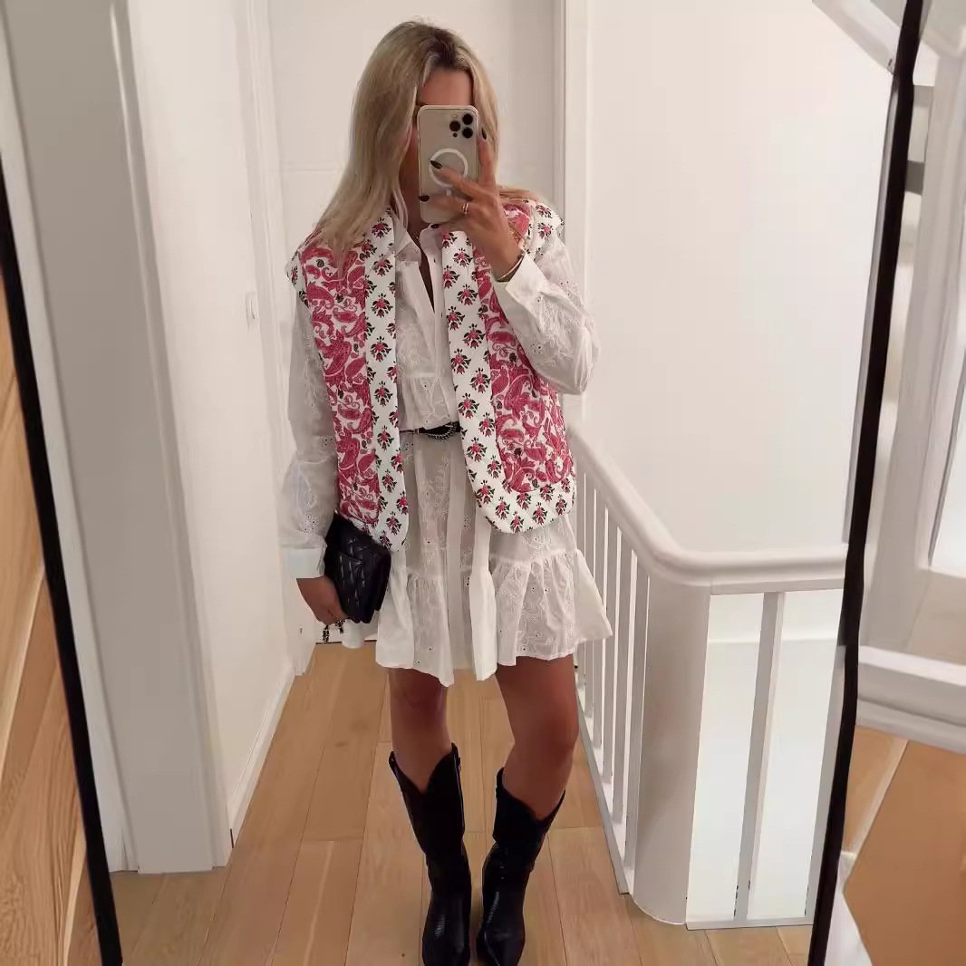 Floral Street Vest Coat for Women - Quilted Cotton Stitching