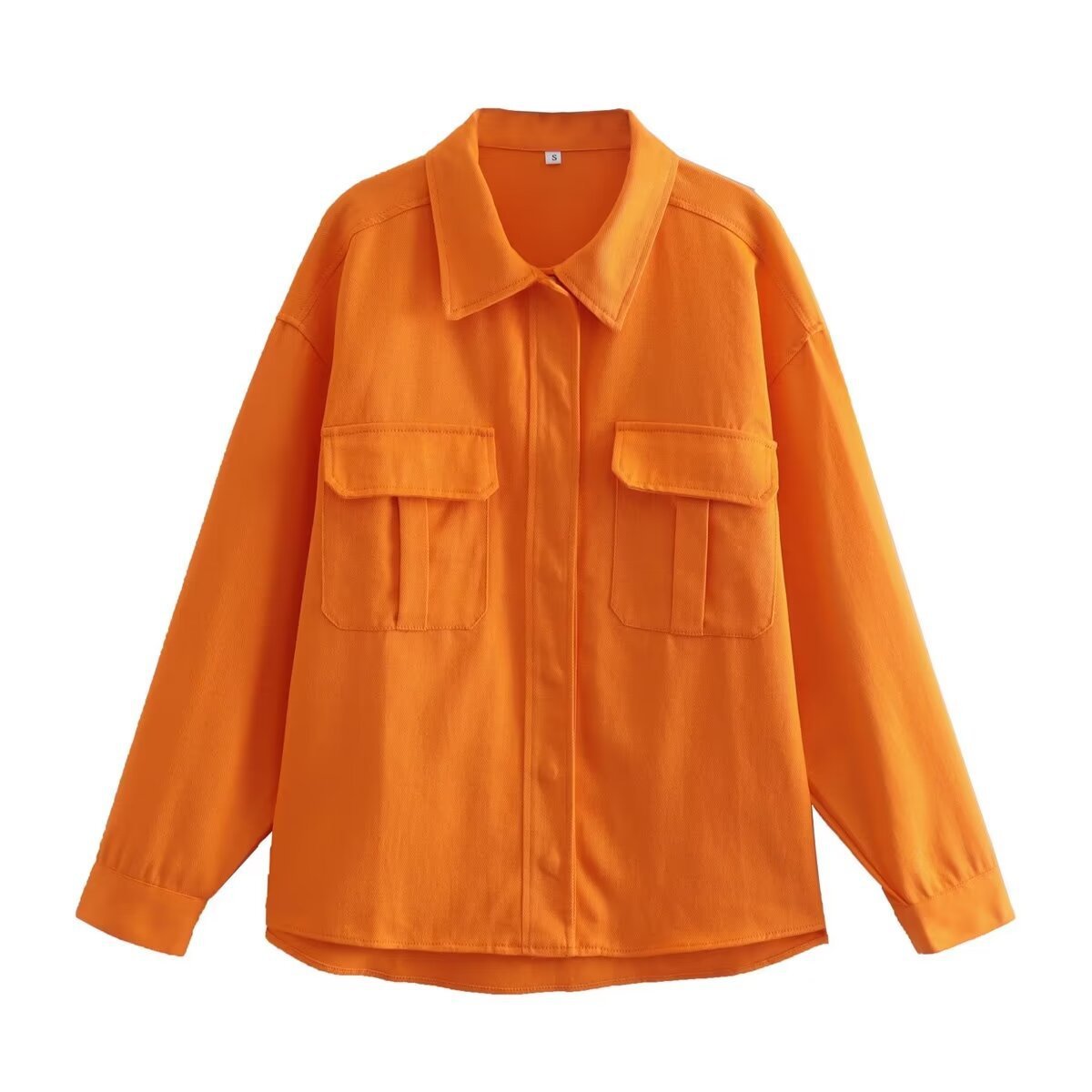 Oversized Orange Denim-Style Cotton Shirt with Pockets