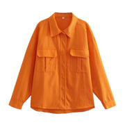 Oversized Orange Denim-Style Cotton Shirt with Pockets