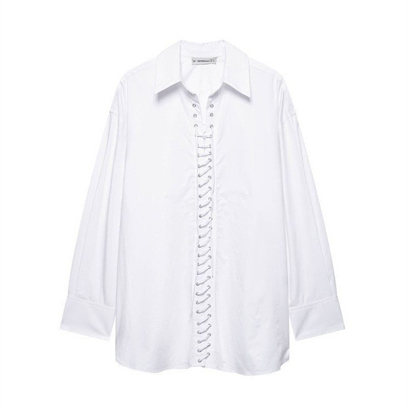 Casual Front Lace-Up Solid Color Loose Shirt