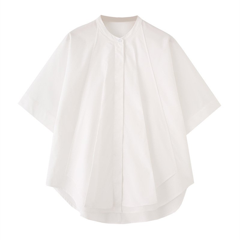 Casual Cotton Short-Sleeve Shirt with Curved Hem