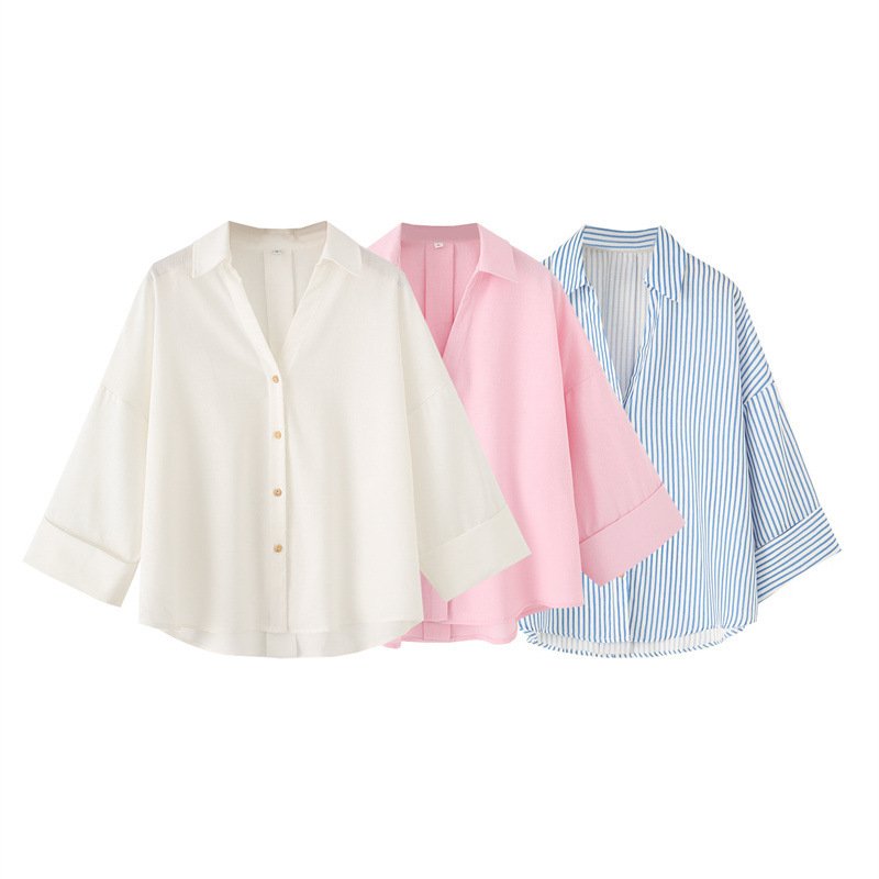 Chic Linen Blended V-Neck Wide Sleeve Shirt