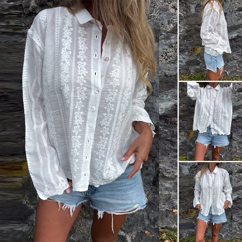 Embroidered Hollow Polo Cardigan Top