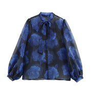 Chic Printed Organza Lace-Up Blouse