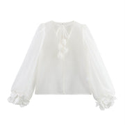 V-Neck Floral Puff Sleeve Sheer Blouse