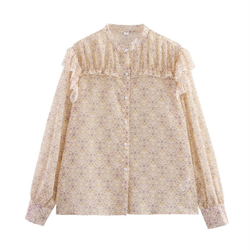 Chic Printed Tulle Long Sleeve Blouse