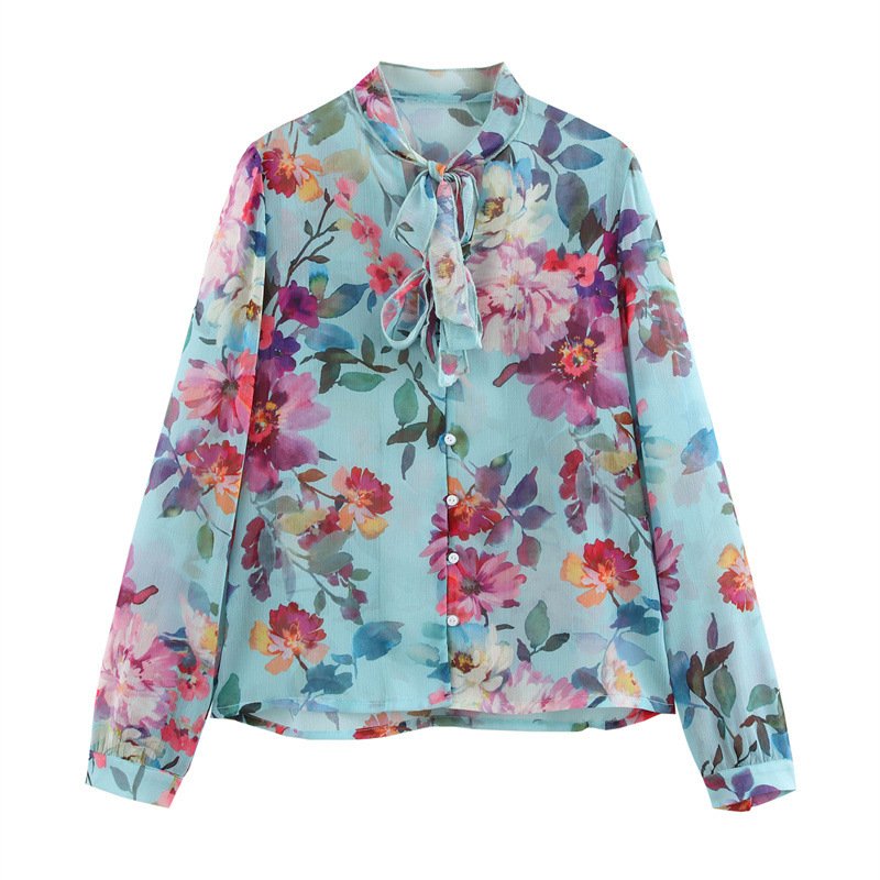Chic Bowknot Print Slim Fit Shirt for Women