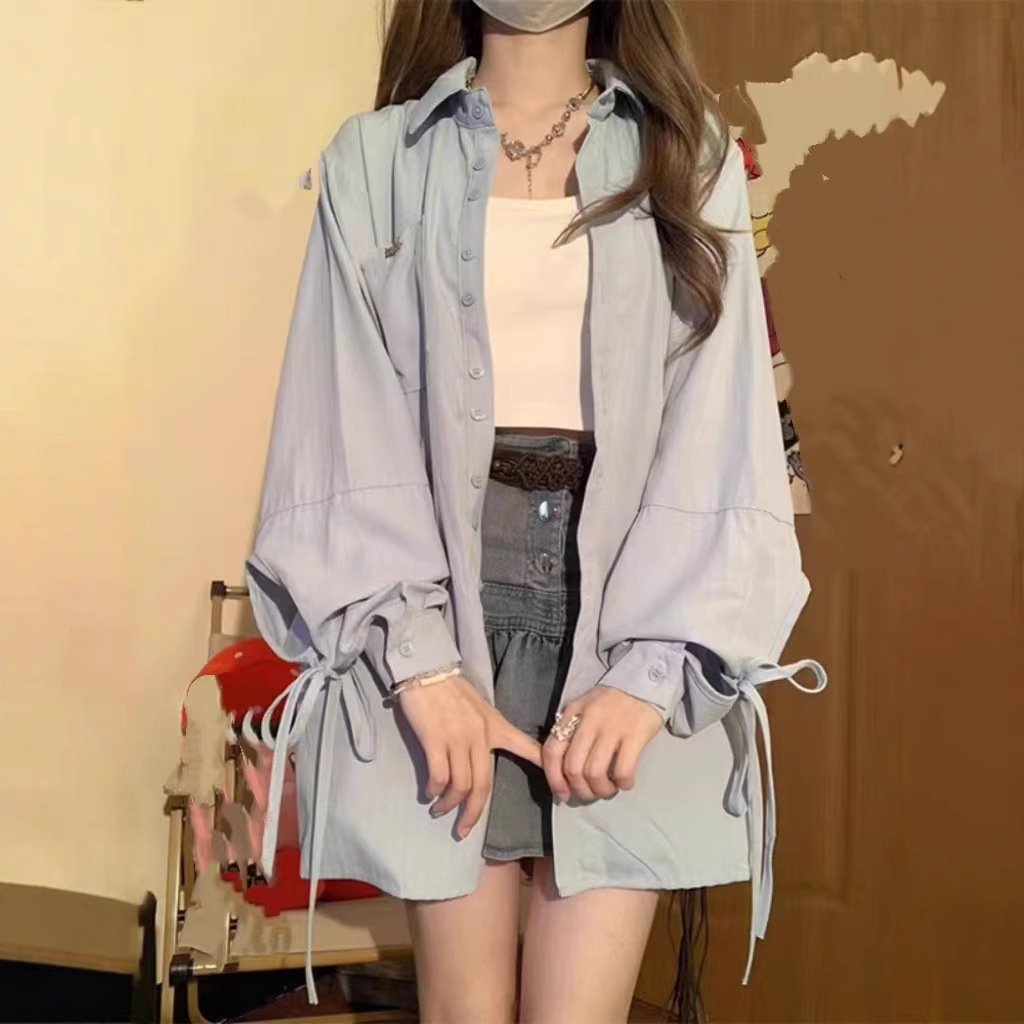 French Blue Bow Long Sleeve Blouse for Elegant Workwear