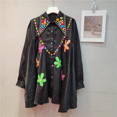 Beaded Lapel Long Sleeve Loose Fall Winter Blouse