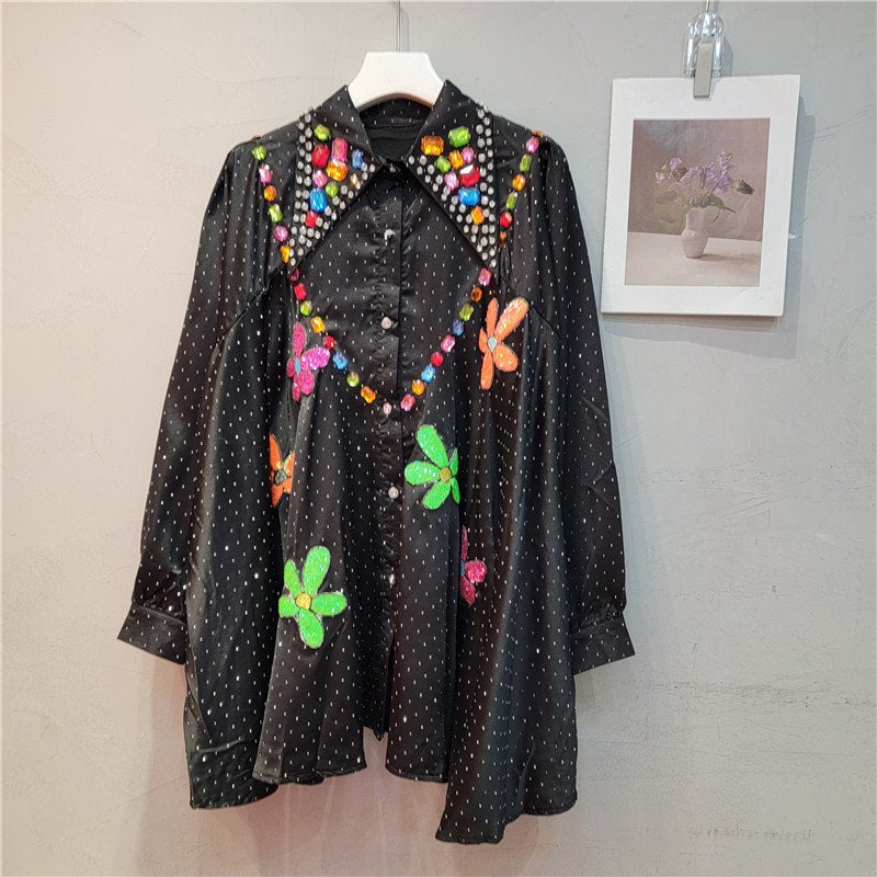 Beaded Lapel Long Sleeve Loose Fall Winter Blouse