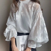 Sheer Floral Jacquard Lantern Sleeve Blouse