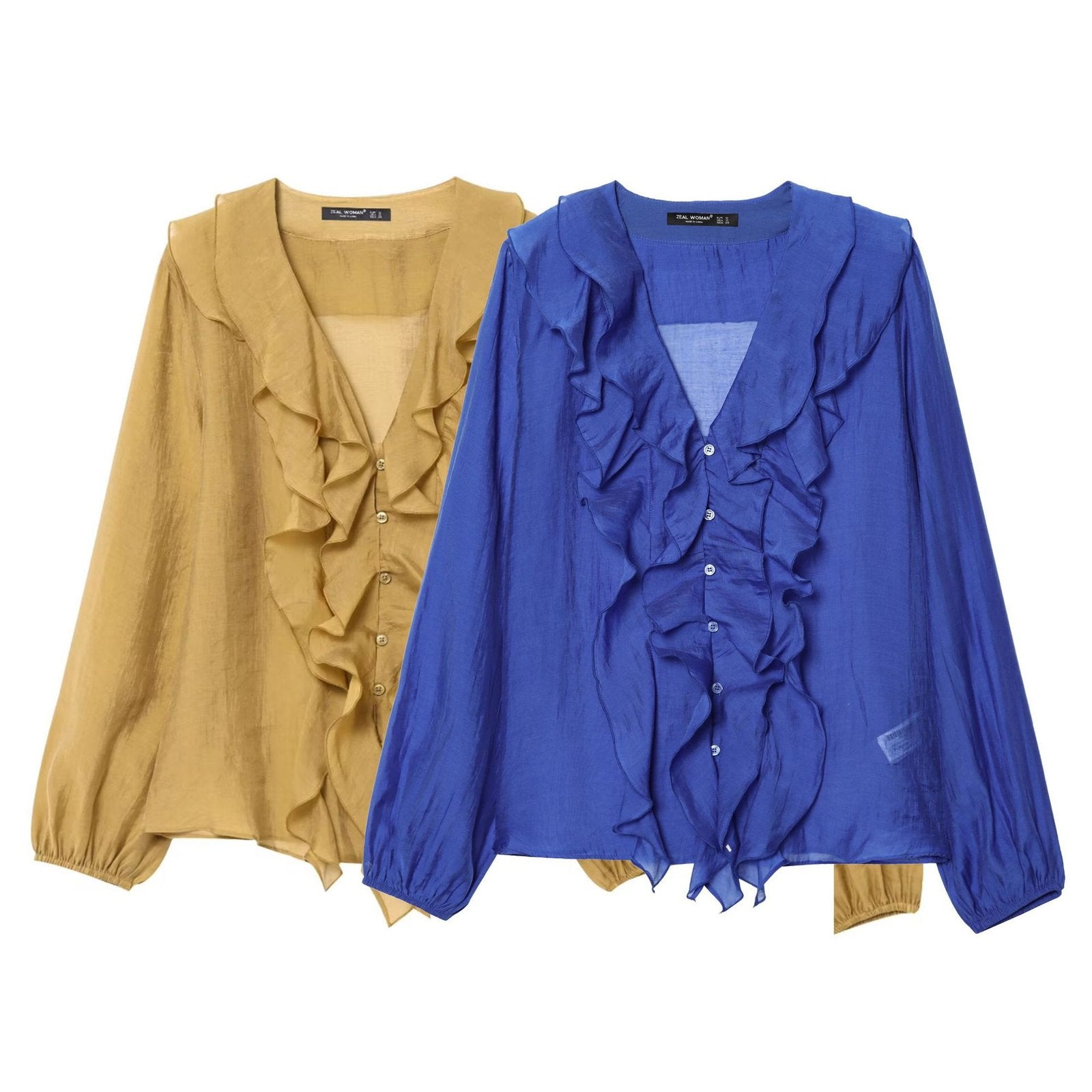 V-Neck Ruffled Long Sleeve Casual Blouse