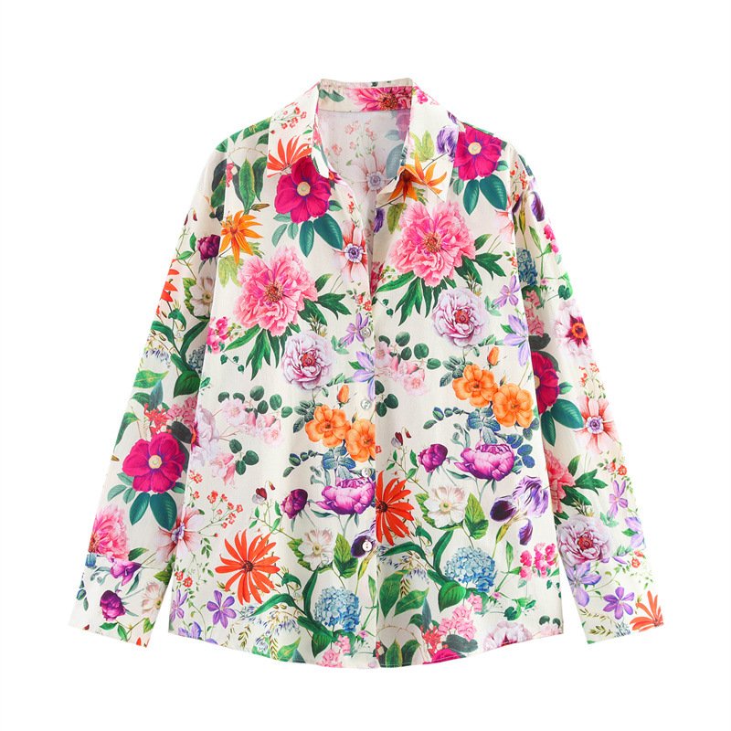 Women's Floral Print Long Sleeve Lapel Shirt