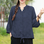 V-Neck Leaf Print Pleated Short Sleeve Blouse