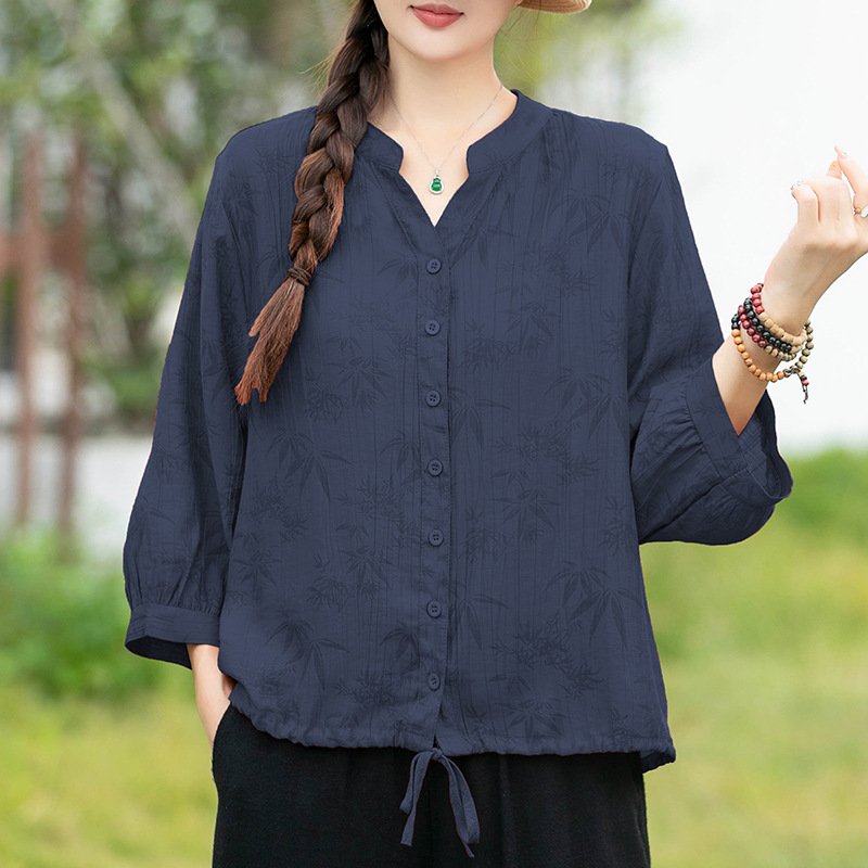V-Neck Leaf Print Pleated Short Sleeve Blouse