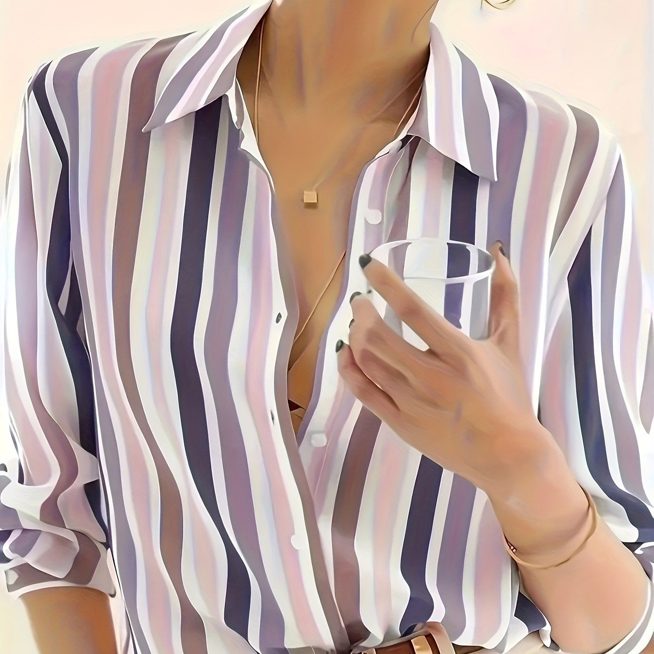 Chic Color-Block Striped Button-Down Shirt for Women