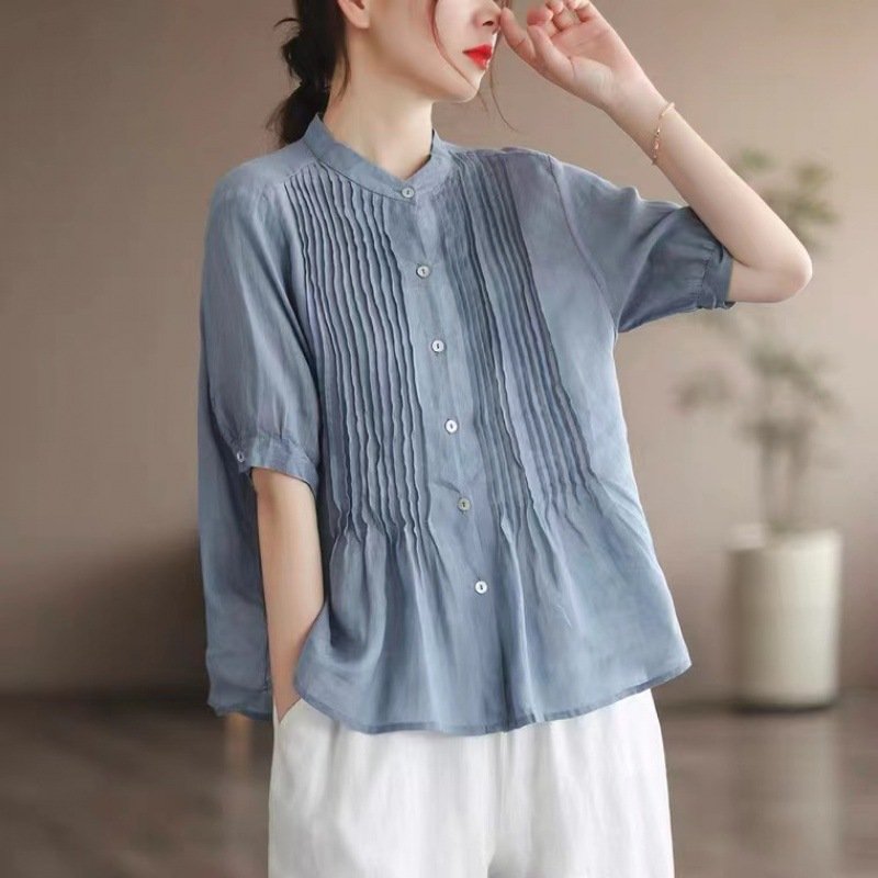Retro Cotton Linen Short-Sleeve Shirt for Women