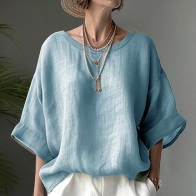 Women's Casual Solid Cotton Loose Round Neck Tee