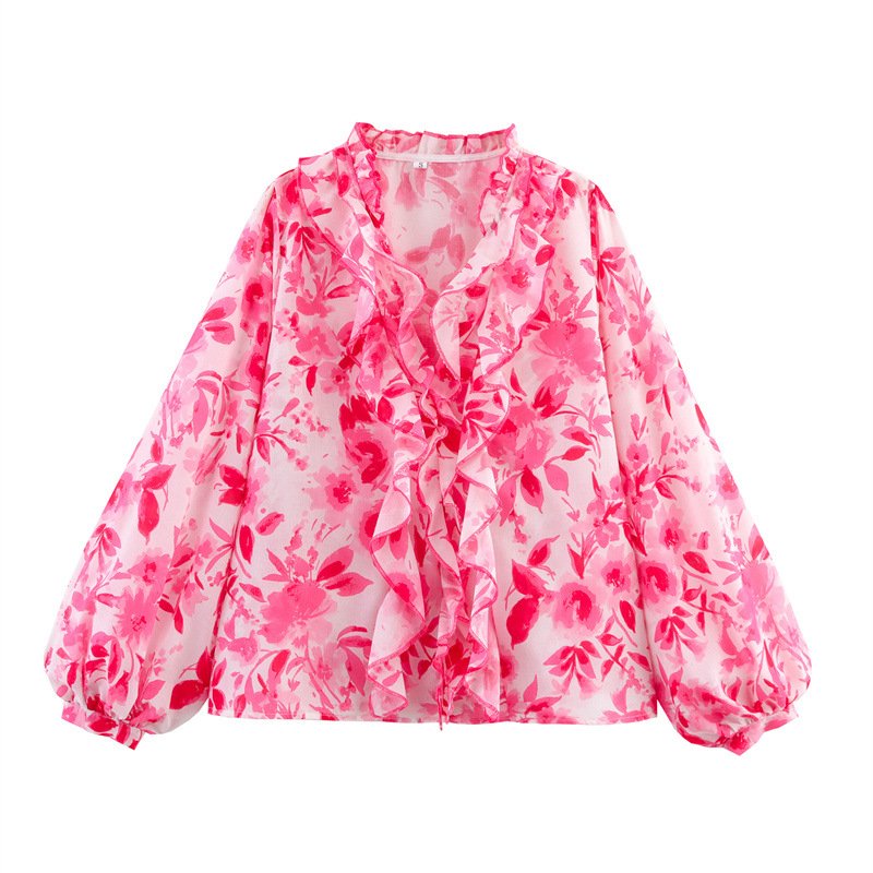 Chic Floral Print Long Sleeve Shirt with Laminated Details
