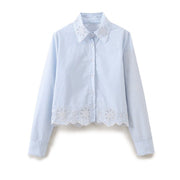 Embroidered Stripe Hollow Cotton Cardigan Shirt