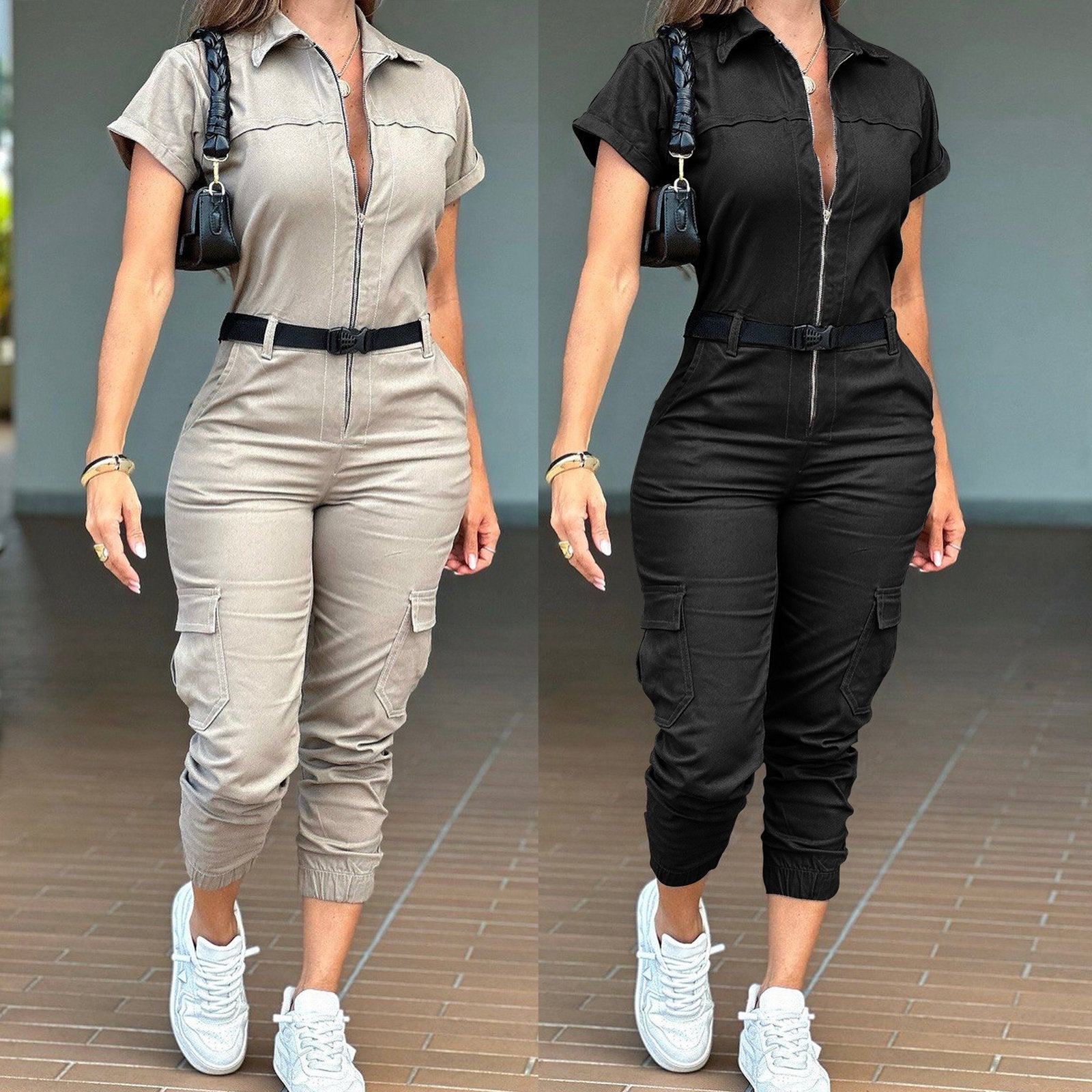 Women's Commuter Jumpsuits - Silver Gray & Black