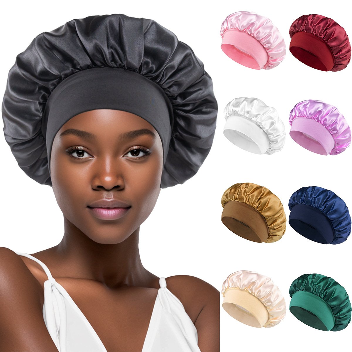 Solid Color Satin Wide Brim Nightcap for Women