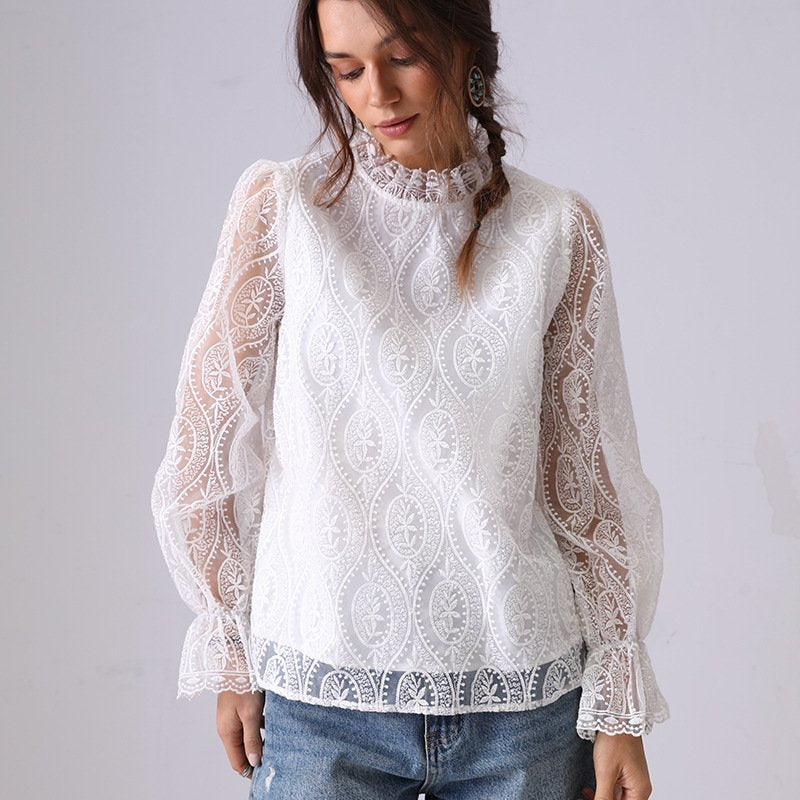 Chic Floral Embroidered Lace Hollow Long-Sleeve Shirt