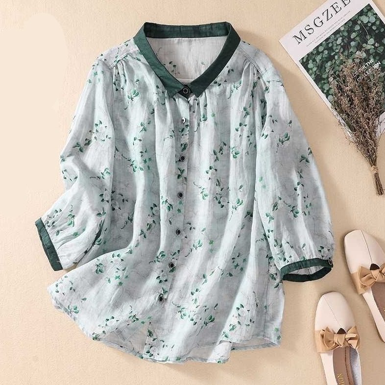 Women's Floral Linen Blend Loose Button-Down Shirt