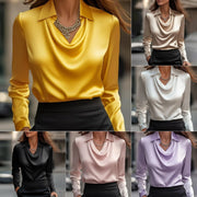 Elegant Satin Swing Collar Long Sleeve Blouse