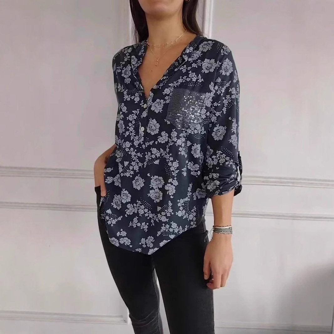 Casual Sequined Pocket Print Long Sleeve Shirt