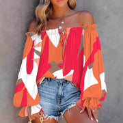 Printed Off-the-Shoulder V-Neck Lantern Sleeve Blouse