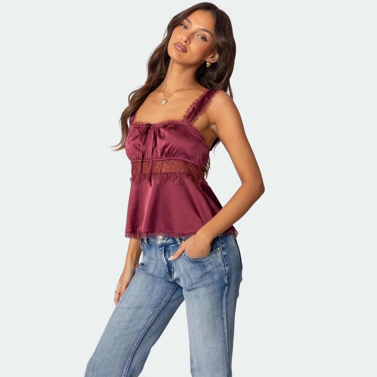 Lace Camisole Top for Women - Wine Red & Pink
