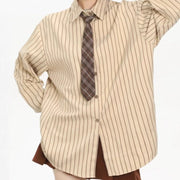 Khaki Vertical Striped Long Sleeve Women’s Shirt – Loose Fit