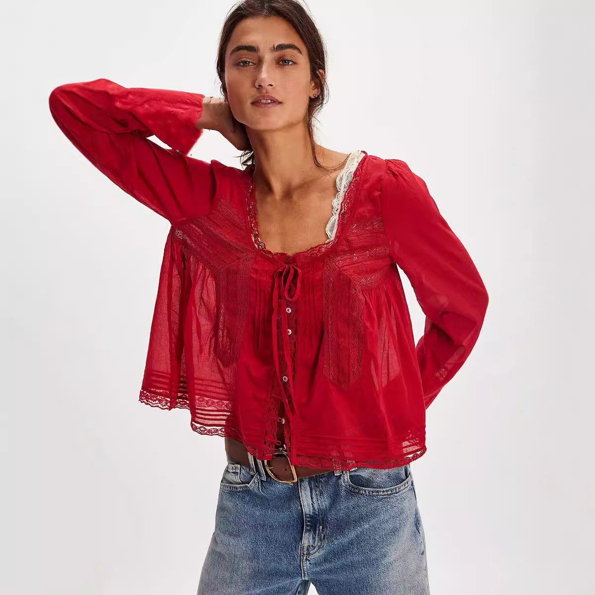 Elegant U‑Shaped Lace Collar Long‑Sleeve Blouse