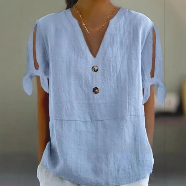Women's Solid Color V‑Neck Button‑Down Cotton‑Linen Top
